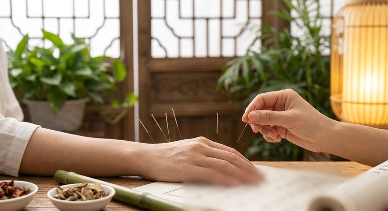 Illustration: fine acupuncture needles placed along the hand and forearm