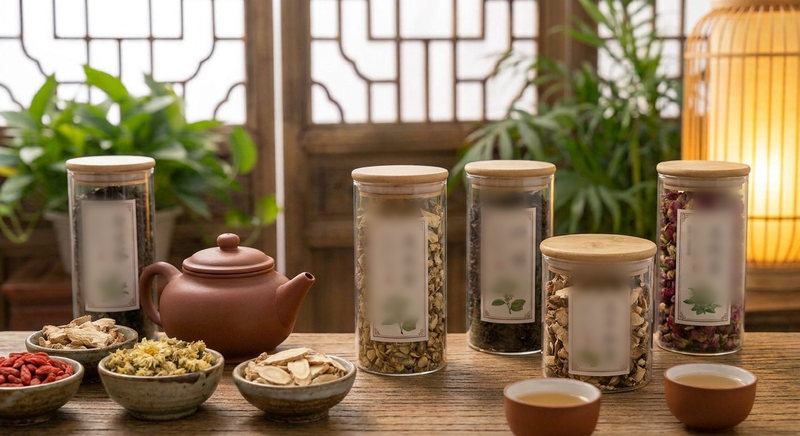 Illustration: jars of dried Chinese herbs beside a clay teapot and cups